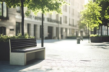 Modern bench under leafy trees offers a quiet respite in a sunlit city square, promoting urban relaxation and a tranquil atmosphere