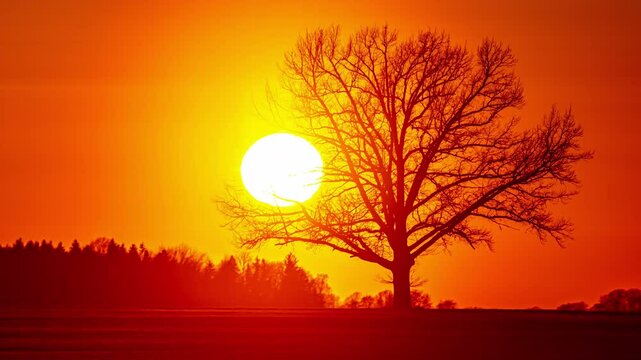 Timelapse shot of sun setting down lightining the sky orangish with a silhouette tree in front.