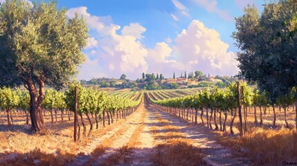 Naklejka premium Sunny vineyard with rows of grapevines and olive trees, capturing the beauty of a Mediterranean December