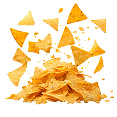Pile tortilla chips crumbs, yellow pieces flying isolated on white and Transparent Background