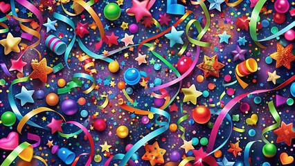 A vibrant tapestry of swirling ribbons, shimmering stars, and iridescent spheres, reflecting the joyous energy of celebration.