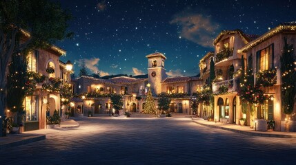 Fototapeta premium Town square with holiday decorations and festive lights in a Mediterranean village, celebrating December