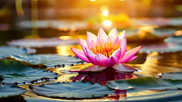 A pink water lily floats in a pond at sunset, surrounded by lily pads