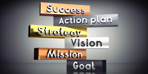 Success, action plan, strategy, vision, mission, goal - words on metal blocks - 3D illustration