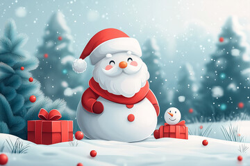 Fototapeta premium Cheerful Santa Claus surrounded by gifts and a snowman in a winter wonderland celebrating Christmas and New Year