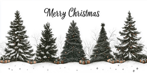 Fototapeta premium Hand drawn Christmas scene featuring snow-covered trees and gifts, celebrating the festive season with a cheerful message