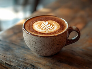 Photo Coffee Latte Art Rustic Wooden Table Cafe