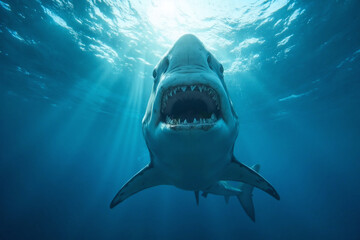 A great white shark swims to the surface from out of the depths of the deep blue ocean, spotting a victim in the sea waters, its jaws with sharp teeth are wide open, about to attack and eat its prey.