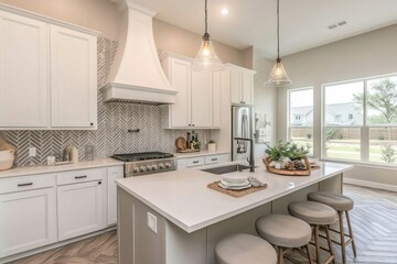 Modern Kitchen with White Cabinets, Herringbone Tile Backsplash, and Island with Bar Stools