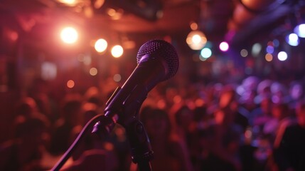 Obraz premium The mic is passed from one performer to the next as the audience cheers on and supports each new act with genuine enthusiasm.