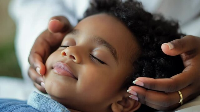 Close-up of young child receiving gentle care, hands cradling face with tenderness, relaxation and trust in nurturing environment, concept of healing touch and child wellness support