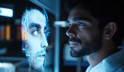 man looks at holographic image of his face in futuristic science lab