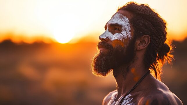 Indigenous Australian Man Embracing Culture with Tribal Paint in Mystical Sunset Light