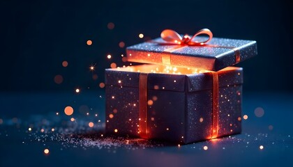 A christmas birthday anniversary gift, the box glowing from within with magical sparkles isolated on a dark blue background with copy space