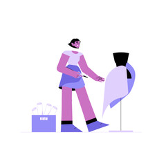 Female Fashion Designer Sketching Outfit In Flat Vector Illustration Symbolizing Creativity, Design, And Artistic Vision, Isolated On White Background.