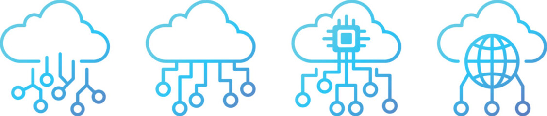 Collection of line icons related to cloud computing, cloud services, servers, digital transformation in gradient colours. Vector illustration