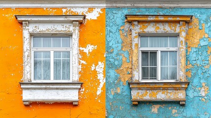 Fototapeta premium Colorful Facade Windows on a Weathered Building