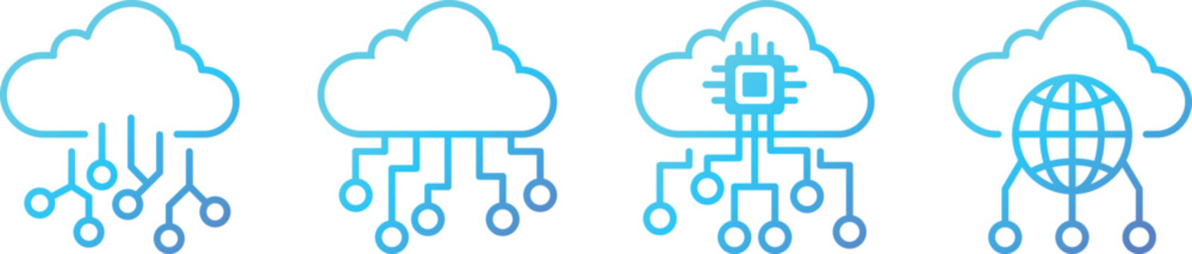 Collection of line icons related to cloud computing, cloud services, servers, digital transformation in gradient colours. Vector illustration