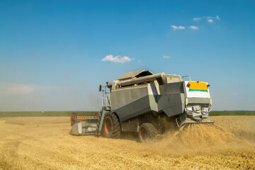 Combine harvester at work on a wheat field under a clear blue sky