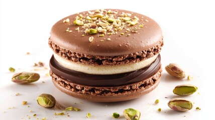 Macaroon Dubai Chocolate Kunafa Pistachio on white background,Dubai Chocolate bar with green kadayif and pistachio spread,macaron popular and viral chocolate 2024,space for text.