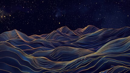 Obraz premium Abstract mountain range under a starry night sky with glowing golden lines. Perfect for futuristic, cosmic, and dreamy landscapes