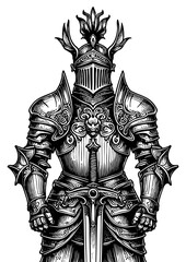 Fototapeta premium medieval knight in full plate armor, classic armor design with lion emblems sketch engraving generative ai fictional character PNG illustration. Scratch board imitation. Black and white image.