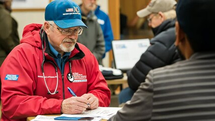Volunteer doctor consulting with patient in community clinic, medical professional in public health service, elderly man assisting with healthcare guidance, outreach support for wellness and diagnosis