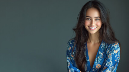 Australian woman in traditional batik cloth isolated on gray copy space