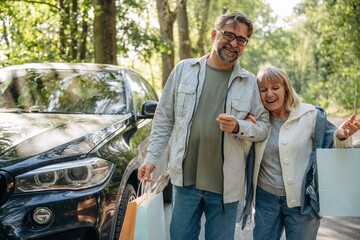 Conception of shopping. With bags in hands. Senior couple together outdoors at nature