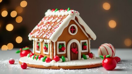 Gingerbread Christmas house decorated with candied fruits and icing on the background of the holiday
