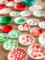 Fototapeta premium A collection of small red and green plates with white dots on them