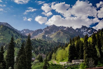 Eco-trail on Medeo overlooking the Tien Shan Mountains, Kazakhstan, Almaty. Summer, sunny