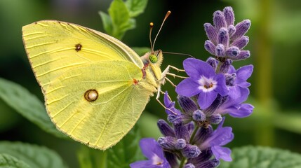 Yellow Butterfly on Purple Flower in Bloom