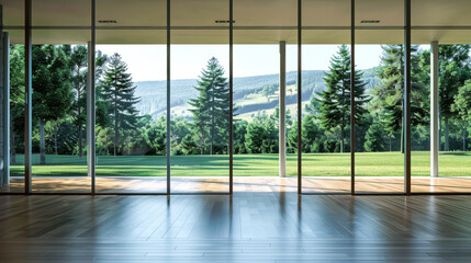 Naklejka premium Floor-to-ceiling glass windows overlooking lush greenery and hills