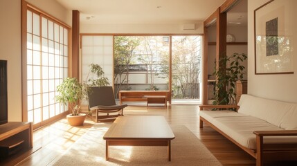 Fototapeta premium Bright Japandi living space with a mix of wood tones, minimal decor, and natural textures, creating an inviting, zen-like ambiance