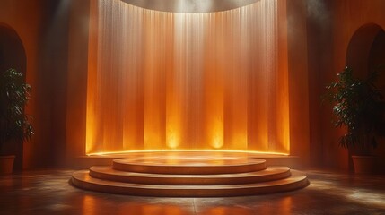 elegant empty stage podium set against a luxurious gold backdrop. the soft glow of shining lights creates a sophisticated atmosphere, ideal for showcasing prestigious events or award ceremonies