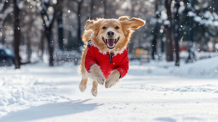 Happy dog in a waterproof winter coat runs through a snowy park, Winter outfits for animals, Winter clothes for dogs