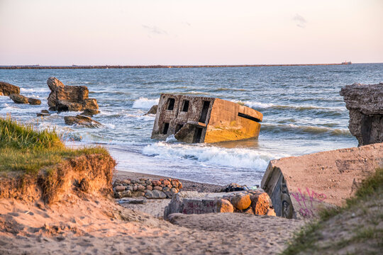 Liepaja beach bunker. Abandoned military ruins facilities in a stormy sea. Barracks building in the Baltic sea. Liepaja, Latvia.