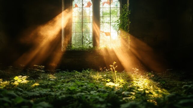 Fototapeta Golden sunlight beams through an ancient stained-glass window onto lush greenery, creating a serene and mystical atmosphere in this sanctuary-like space.