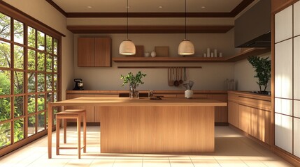 Japandi kitchen with clean lines, wooden cabinetry, and a blend of Japanese minimalism and Scandinavian simplicity