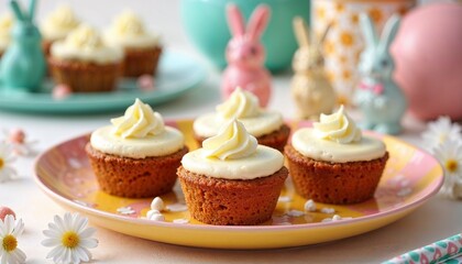 Mini carrot cake muffins with cream cheese frosting on a bright tray, decorated with bunny figurines for Easter brunch