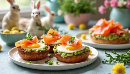 Brunch spread with egg cups, smoked salmon, avocado toast, and herbs, decorated with Easter bunnies