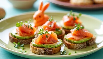 Mini avocado toasts topped with smoked salmon and microgreens, served on a bright platter with bunnies for Easter brunch