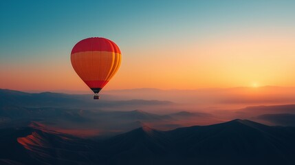Fototapeta premium Colorful Balloon Soaring Above Golden Sand Dunes in a Desert at Dawn