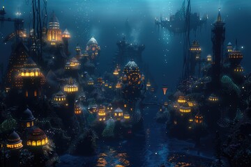 Fototapeta premium A Fantasy Underwater City With Glowing Towers and Bridges