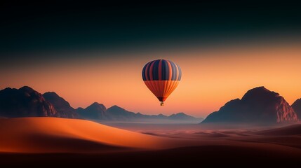 Obraz premium Hot Air Balloon Drifting Over Majestic Desert Sand Dunes During Sunrise