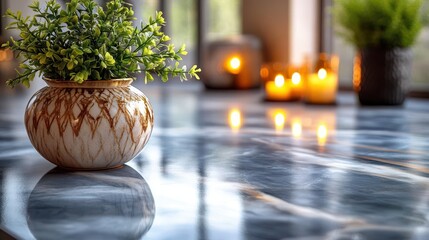 elegant marble surface serving as a backdrop against a blurred modern kitchen scene, offering a sophisticated look for product display, advertising, or promotional content