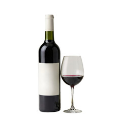 A red wine bottle and wine glass