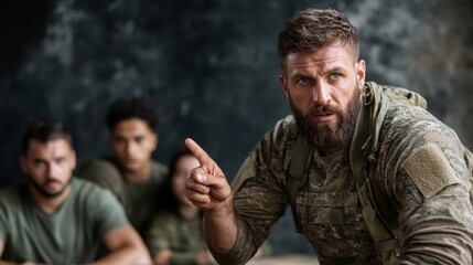 A military leader in tactical gear points and explains strategy to a group of recruits, ensuring concentration and effective communication in a training environment.