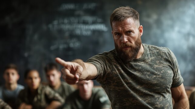 A bearded man in camouflage points assertively during a military training session, surrounded by attentive recruits in a focused classroom setting.